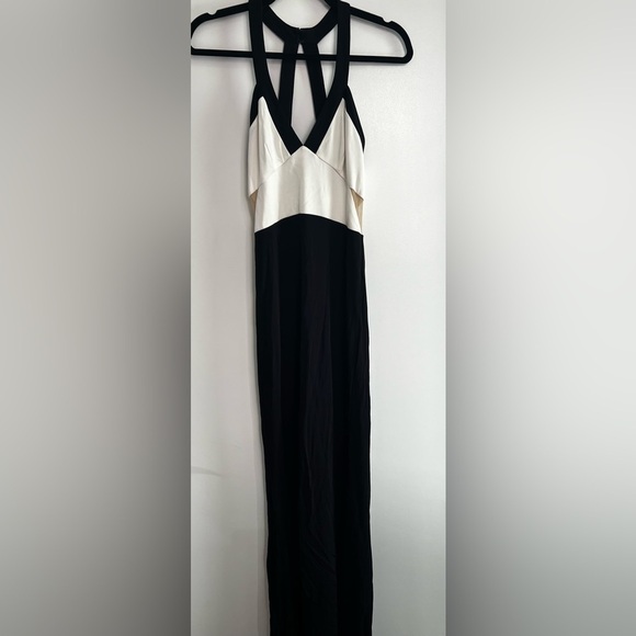 ABS Allen Schwartz ~ Black & White Jersey V Neck Cut-Out Formal Gown Maxi Dress - Picture 4 of 7
